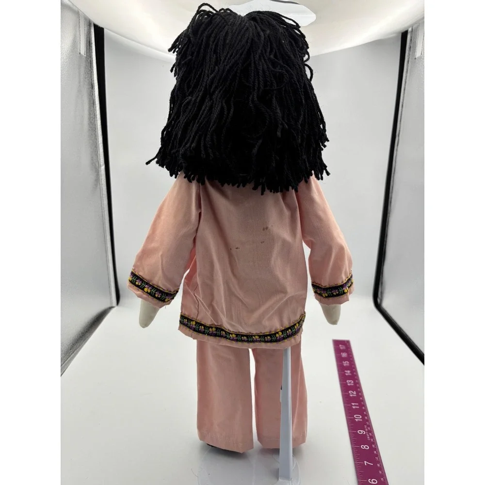 Vintage Cloth Doll Asian Style Pink Outfit Black‎ Yarn Hair prewned GUC 1970s